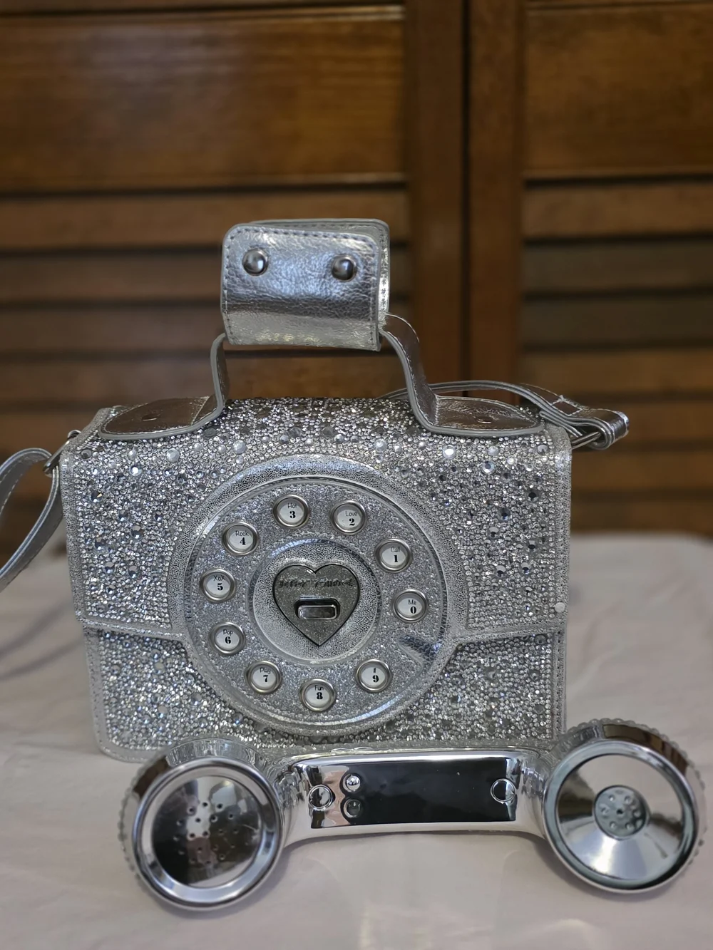 Betsey Johnson Silver Rhinestone Retro Telephone Crossbody Bag - Picture 3 of 5